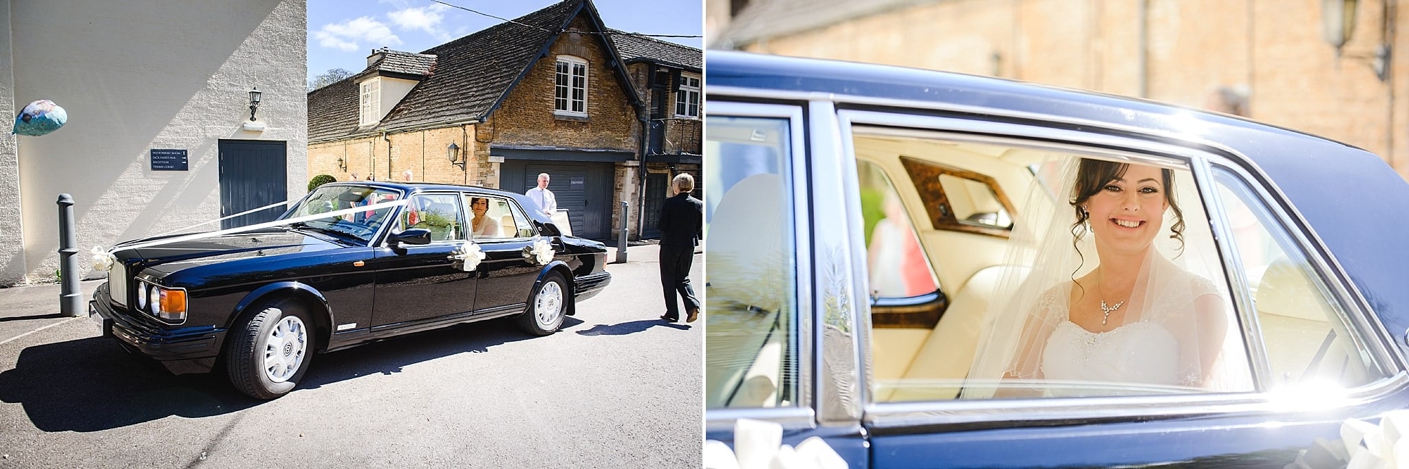 Bride arriving in her wedding car at the Hare and Hounds