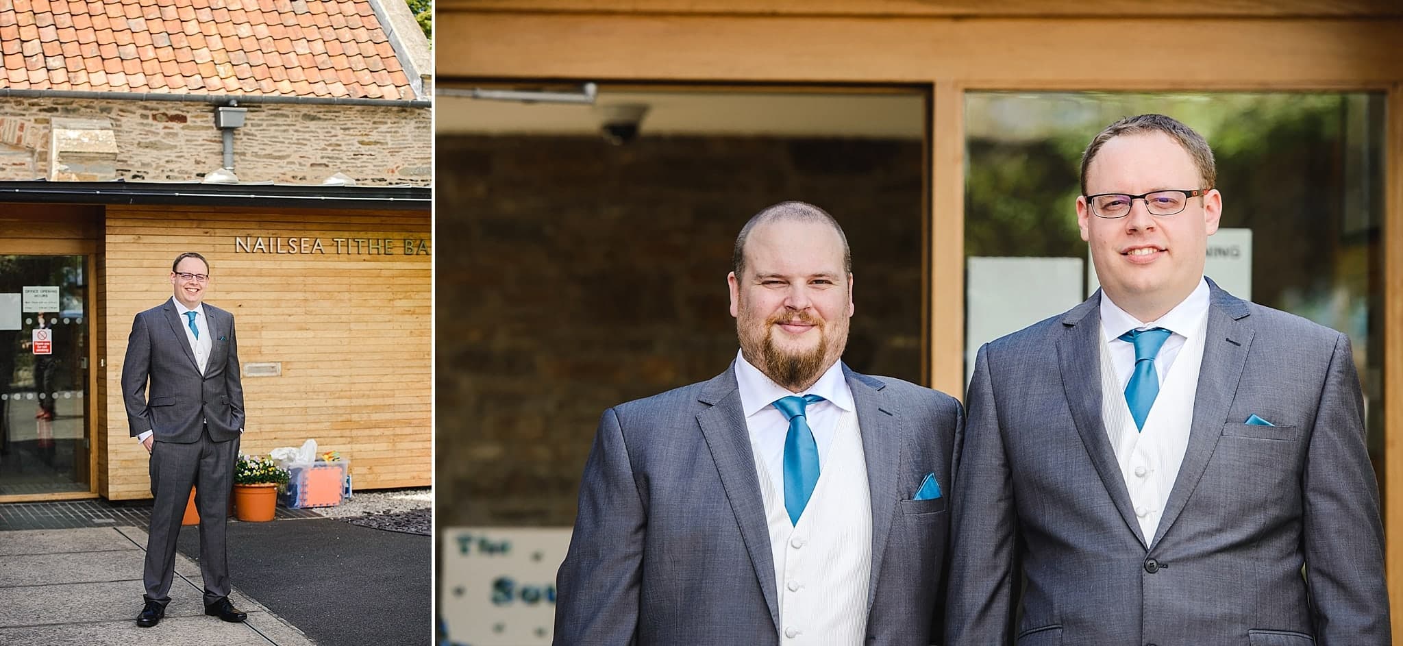 The groom with his best man stood outside Nailsea Tithe Barn