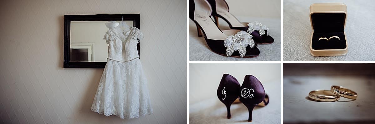 collage of wedding dress, shoes and wedding rings taken in Weston-wuper-mare bridal prep