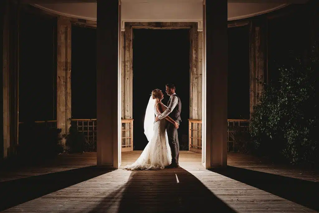 Bride and groom night photo at Orchardleigh House wedding venue