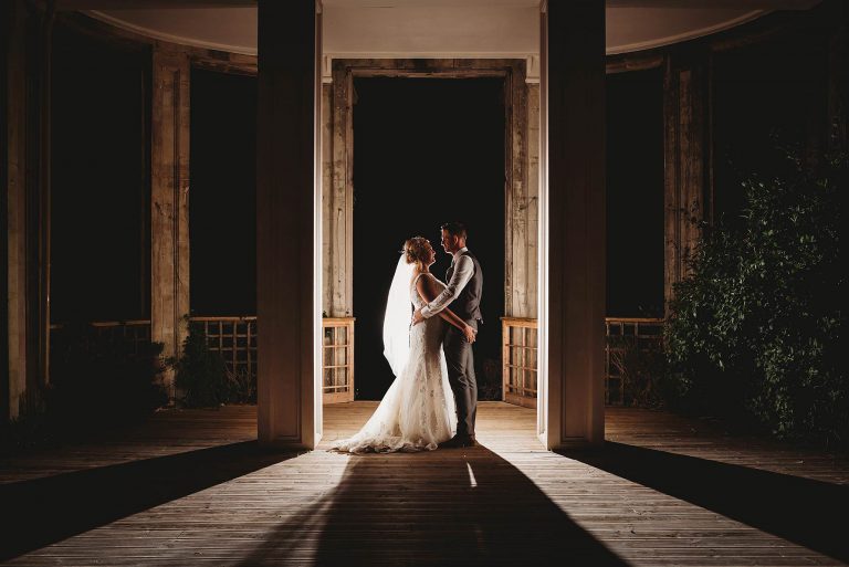 Bride and groom night photo at Orchardleigh House wedding venue