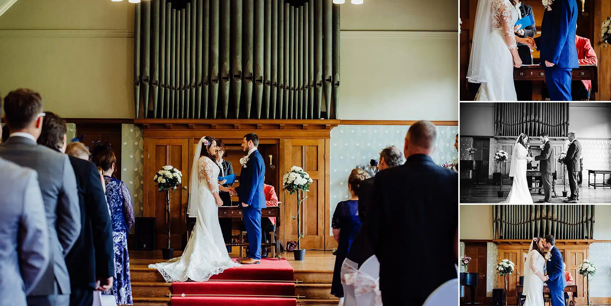 Bride and groom stood in front of the organ holding hands during their wedding ceremony at Gregnog Hall