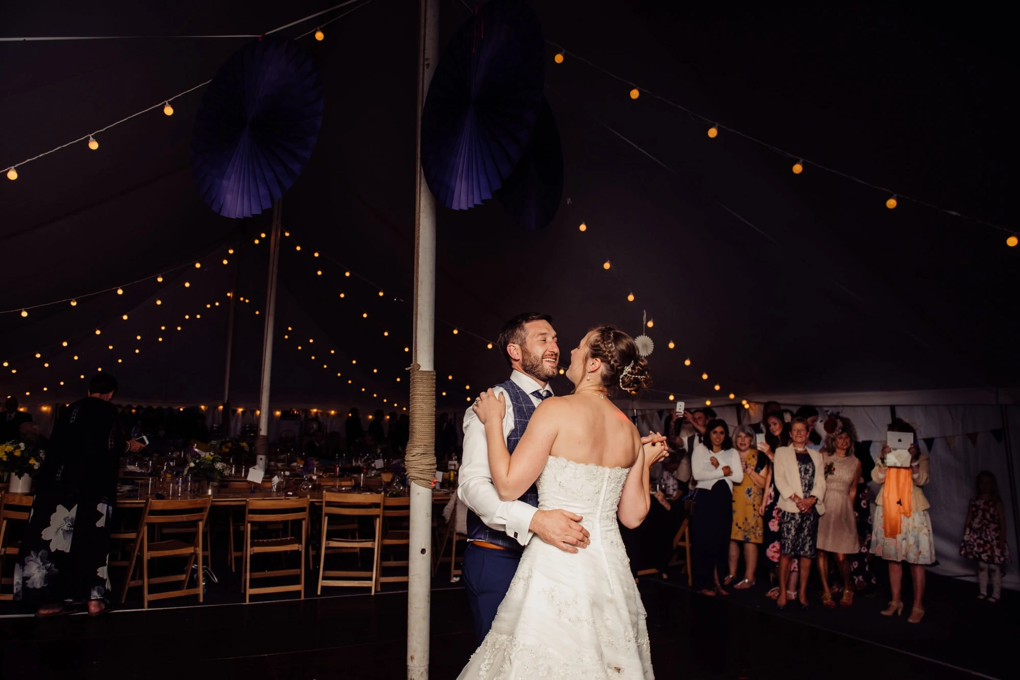couple have first dance in a marquee wedding in Somerset Mells