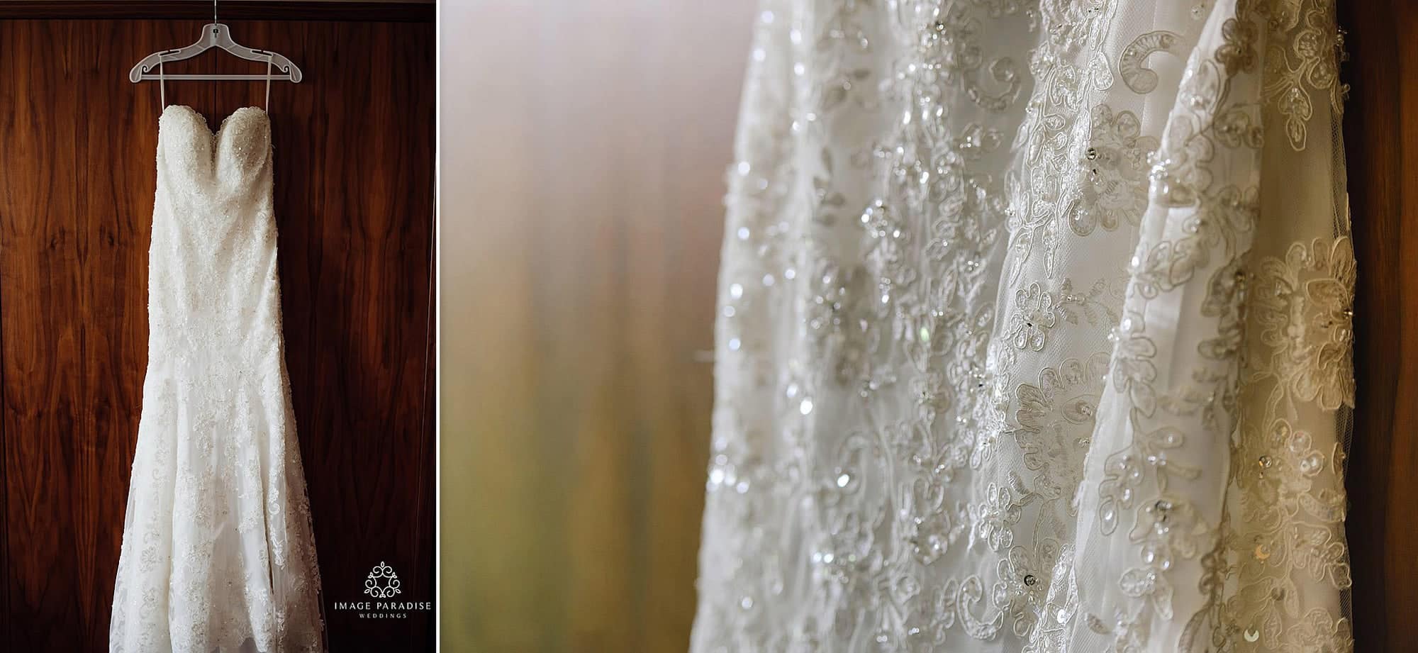 Cotswolds Hotel & Spa wedding photography | Chipping Norton photographer 7 Wedding dress hanging in a bedroom of Cotswolds Hotel & Spa