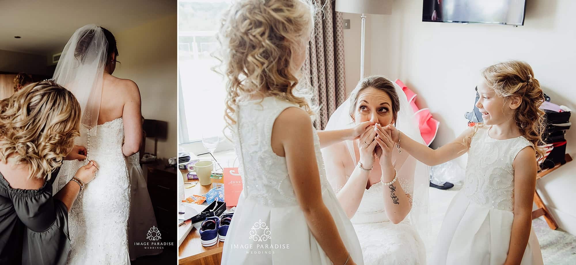 Cotswolds Hotel & Spa wedding photography | Chipping Norton photographer 8 bride putting on her dress and getting ready with bridesmaids