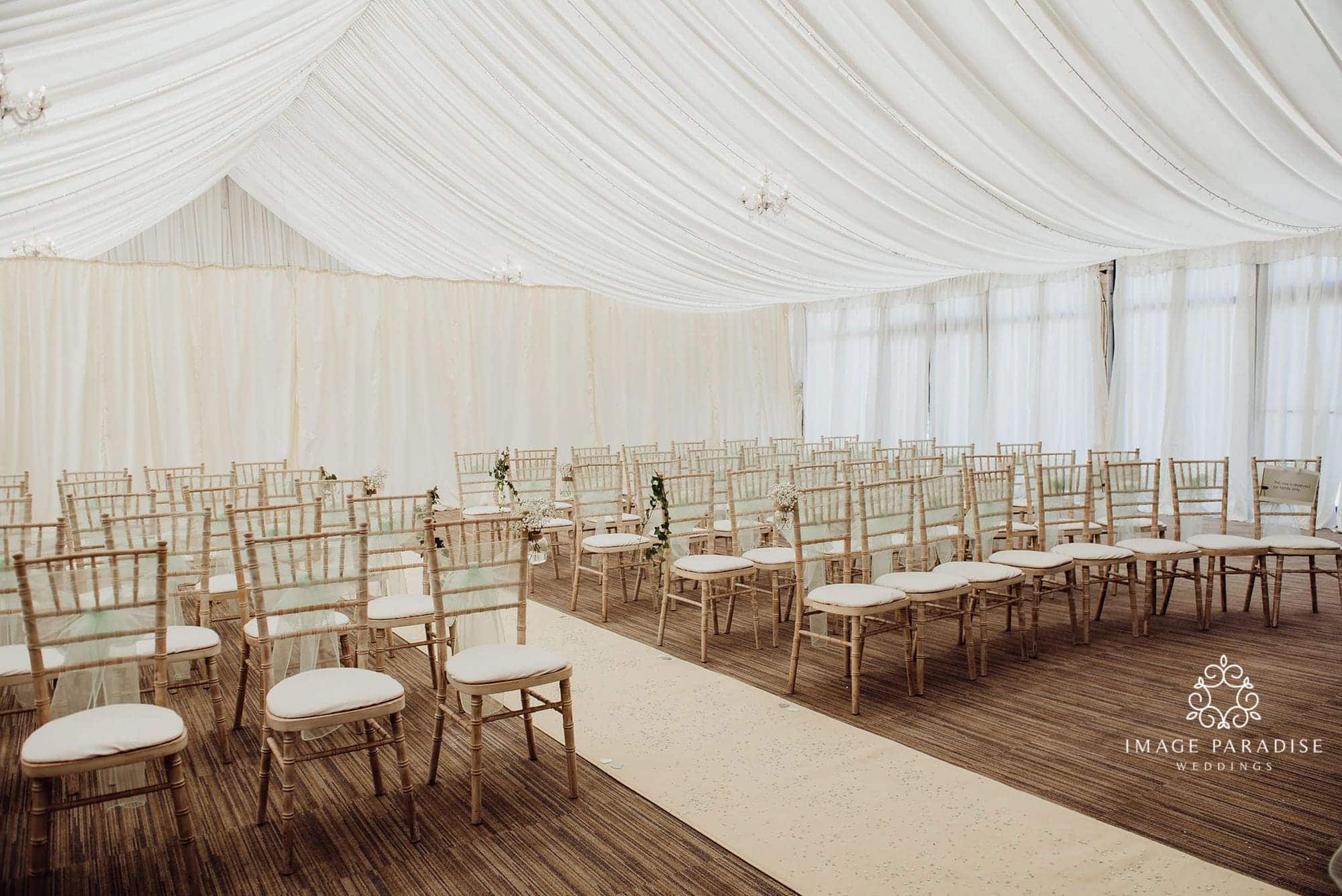 Cotswolds Hotel & Spa wedding photography | Chipping Norton photographer 3 Cotswolds wedding venue chairs inside marquee for wedding ceremony