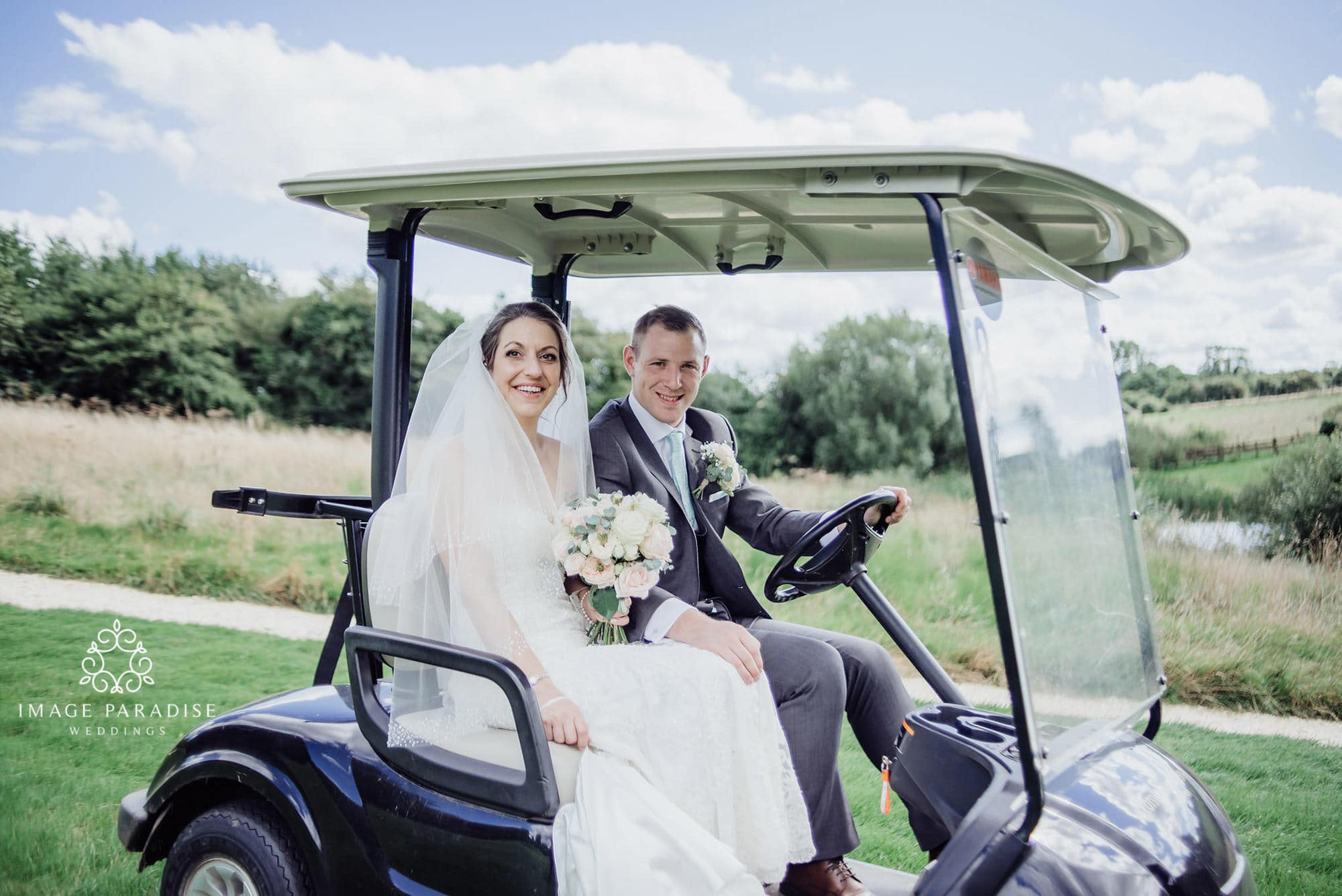 Cotswolds Hotel & Spa wedding photography | Chipping Norton photographer 27 bride and groom in a golf buggy at the Cotswolds hotel and spa wedding photography