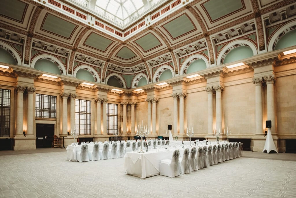 Tables and chairs set up inside the Bristol Harbour Hotel wedding venue
