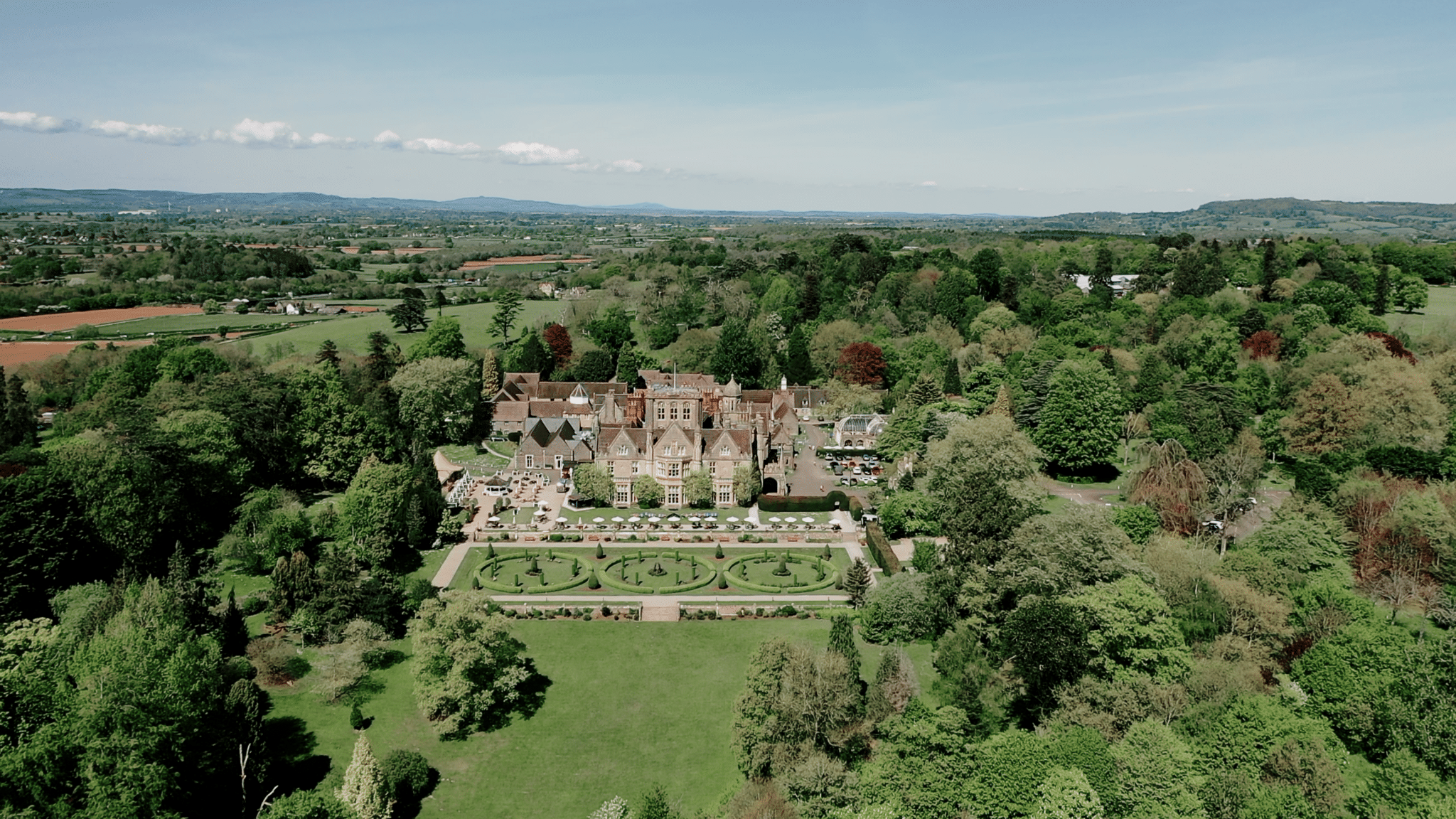 Aeriel drone shot of Tortworth Court